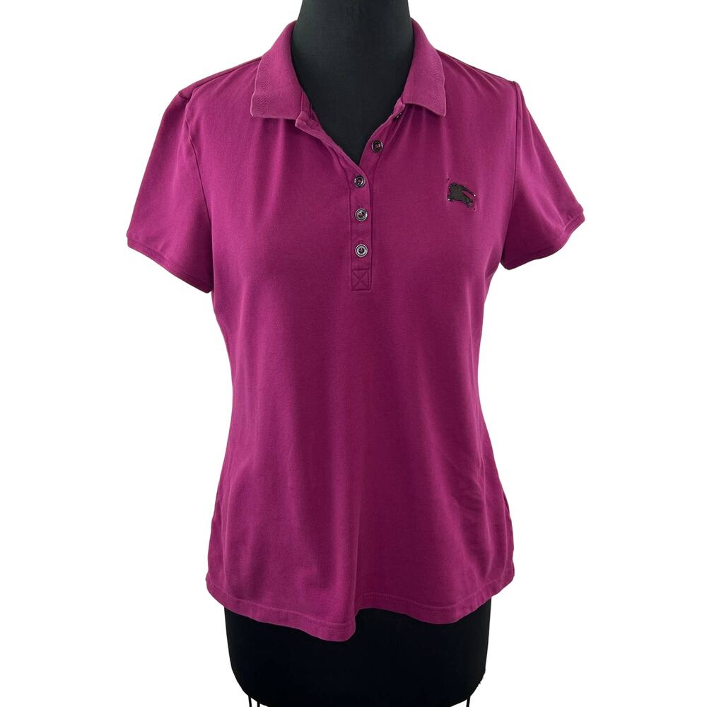Burberry Brit Women's Pink Magenta Short Sleeve Cotton Polo Shirt Metal Logo L